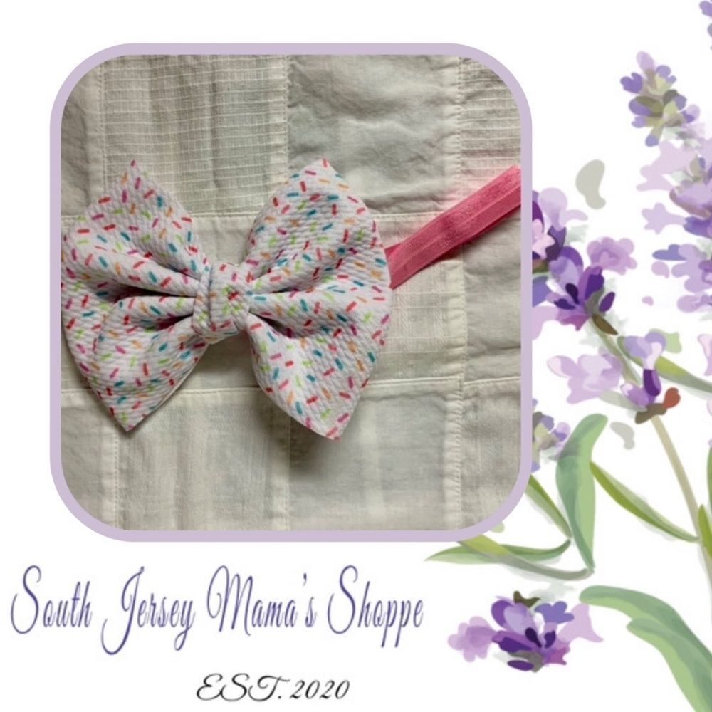 Infant Headband Pink Band White With Pastel Ice Cream Sprinkles Bow 3-6 Months